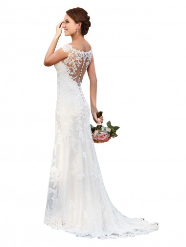Discount Illusion Bateau Neckline Fit and Flare Lace Wedding Dress