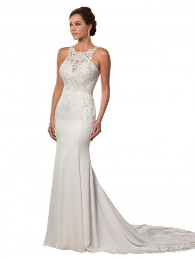Discount Modern Deep V-Neck Sheath Lace Wedding Dress with Open V-Back