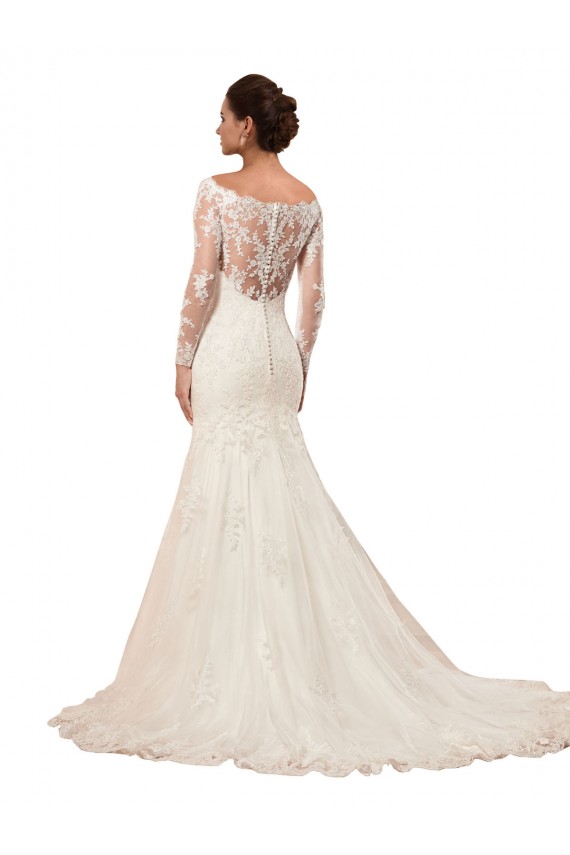 Discount Long Sleeves Mermaid Lace Wedding Dress with Illusion Back