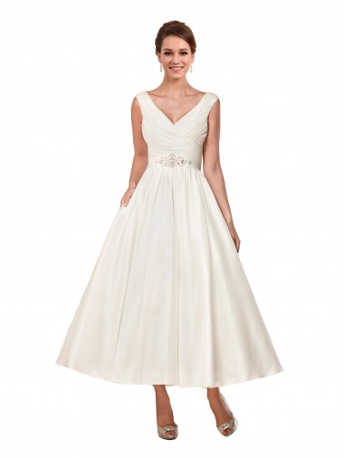 Discount V-Neck A-Line Short Ankle Length Satin Wedding Dress