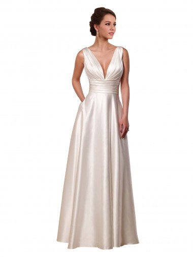 Discount Deep V-Neck A-Line Satin Wedding Dress with Pockets