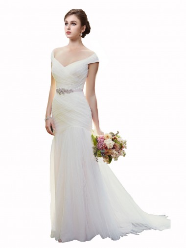 Discount Cap Sleeves Off the Shoulder Ruched Mermaid Tulle Beach Wedding Dress