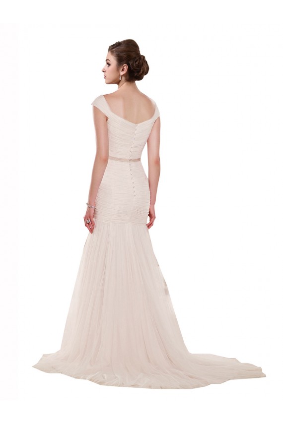 Discount Cap Sleeves Off the Shoulder Ruched Mermaid Tulle Beach Wedding Dress