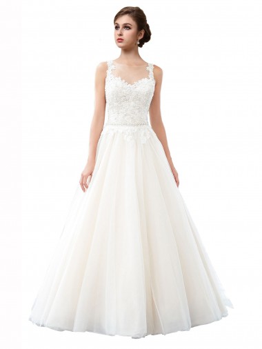 Discount Illusion Neck A-Line Tulle Beach Wedding Dress with Lace Bodice