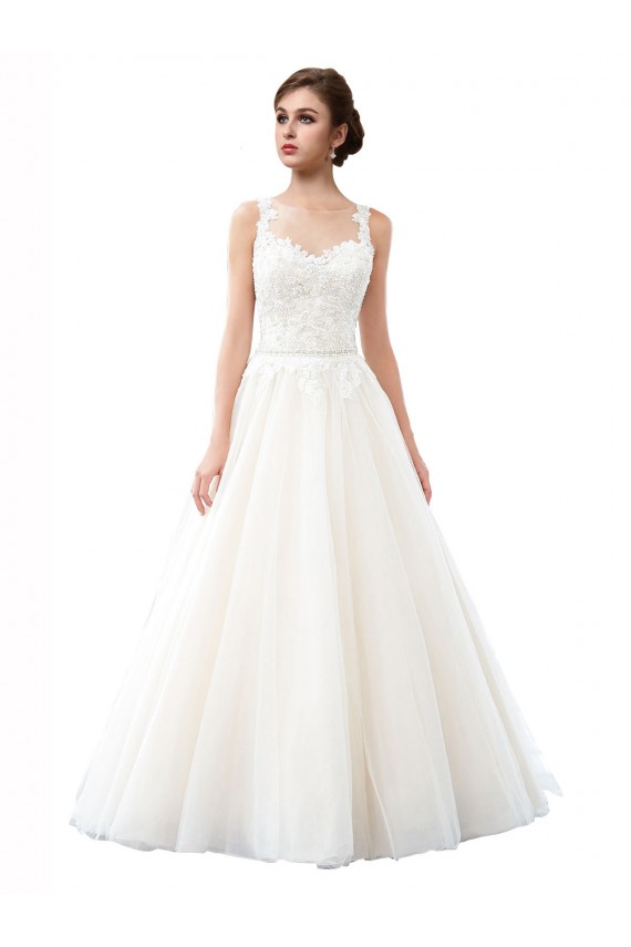 Discount Illusion Neck A-Line Tulle Beach Wedding Dress with Lace Bodice