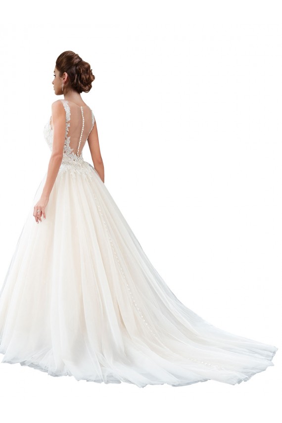 Discount Illusion Neck A-Line Tulle Beach Wedding Dress with Lace Bodice