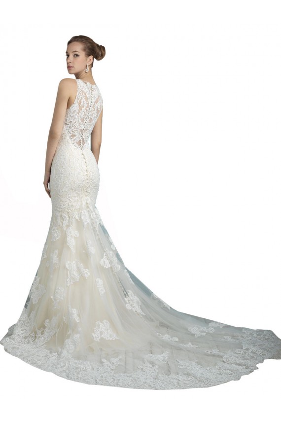 Discount Deep Illusion Neck Mermaid Tulle Beach Wedding Dress with All Over Lace