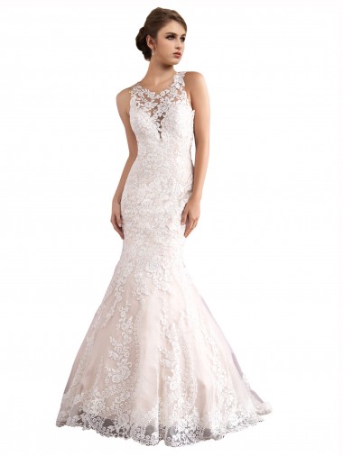 Discount Illusion Neck Fit and Flare Tulle Wedding Dress with All Over Lace