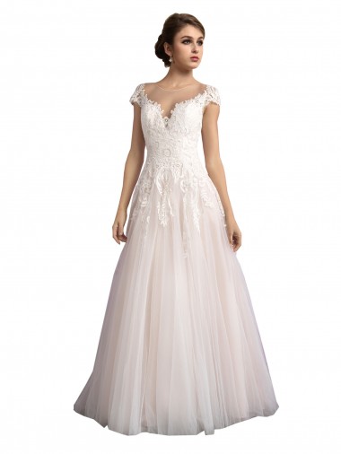 Discount Illusion Cap Sleeves A-Line Tulle Beach Wedding Dress with Lace Bodice