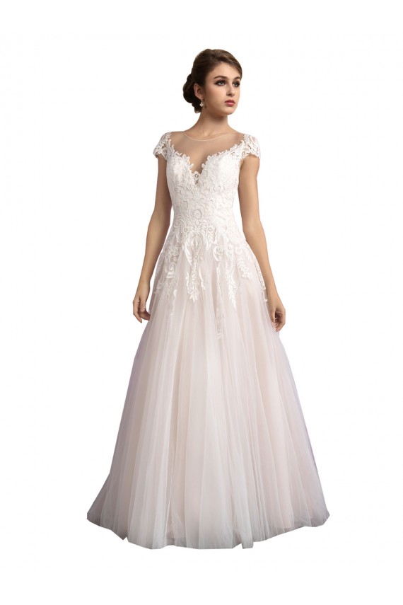 Discount Illusion Cap Sleeves A-Line Tulle Beach Wedding Dress with Lace Bodice