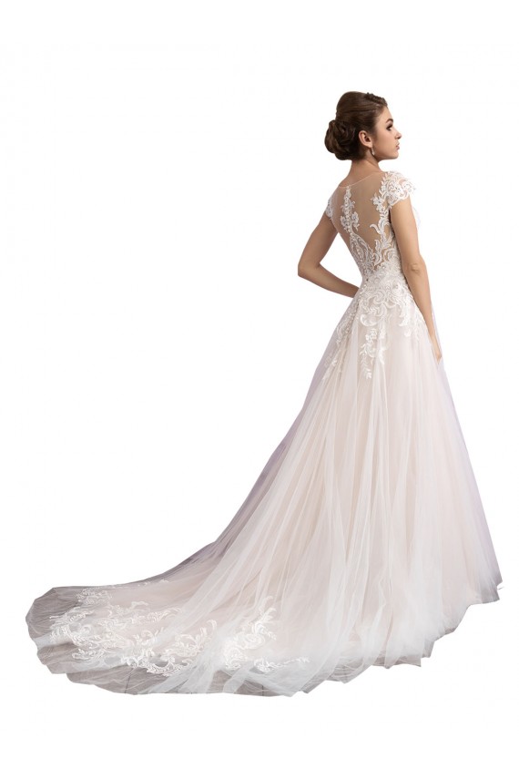 Discount Illusion Cap Sleeves A-Line Tulle Beach Wedding Dress with Lace Bodice