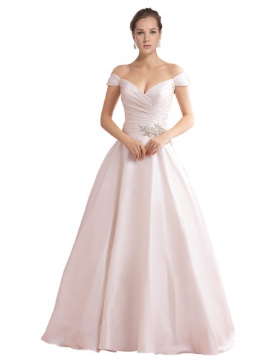 Discount Off the Shoulder Sweetheart Ball Gown Satin Wedding Dress