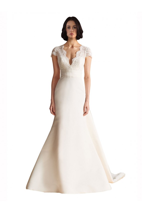 Discount V-Neck Lace Bodice A-Line Satin Wedding Dress with Keyhole Back