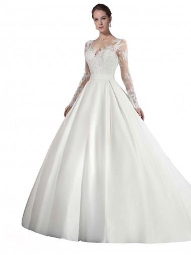 Discount Long Sleeves Illusion Neck A-Line Satin Wedding Dress with Lace Bodice