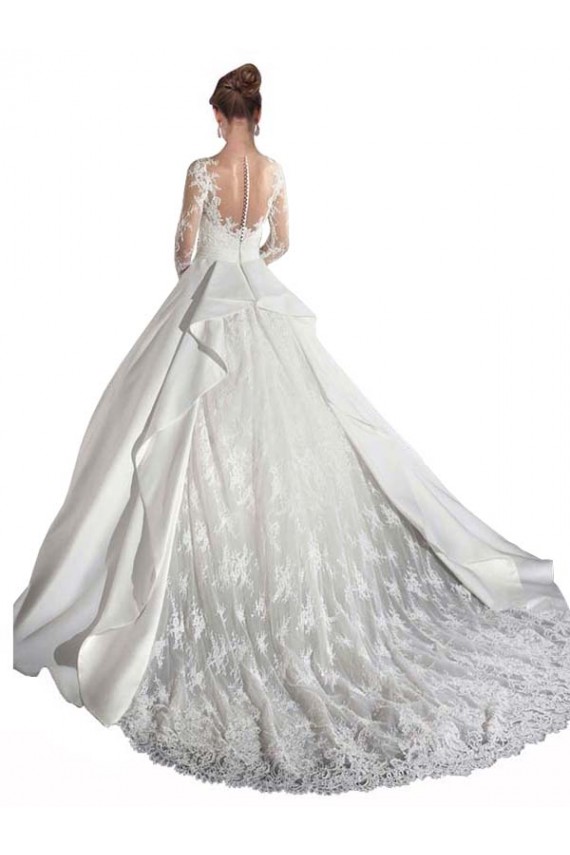 Discount Long Sleeves Illusion Neck A-Line Satin Wedding Dress with Lace Bodice