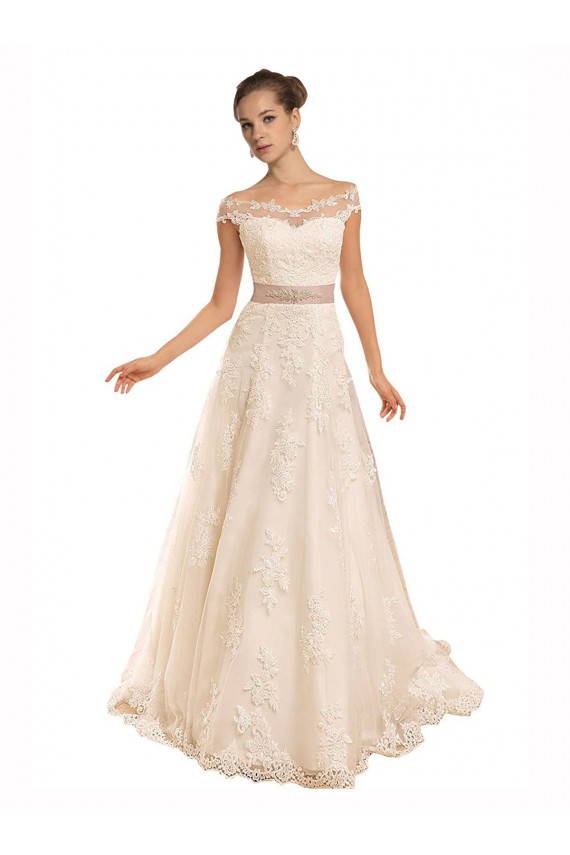 Discount Off the Shoulder Illusion Back A-Line Lace Beach Wedding Dress