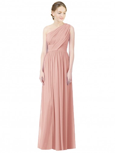 Discount One Shoulder Long Chiffon Bridesmaid Dress with Shirred Waistband