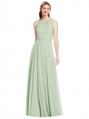 Discount Open Back Halter Chiffon Bridesmaid Dress with Flowy Bow
