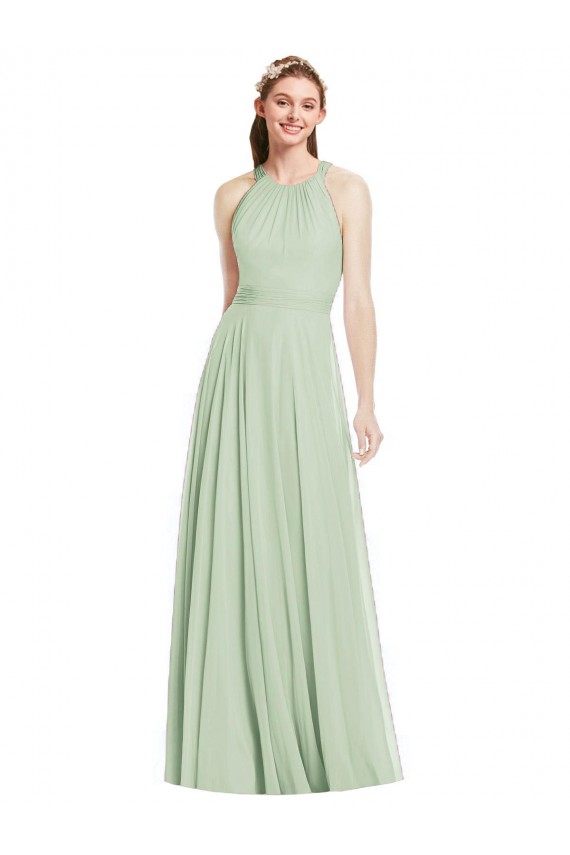 Discount Open Back Halter Chiffon Bridesmaid Dress with Flowy Bow