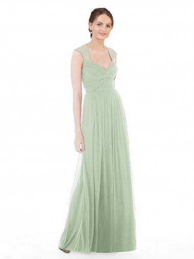 Discount Sheer Back Cap Sleeves Long Chiffon Bridesmaid Dress 