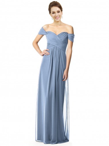 Discount Off the Shoulder Chiffon Bridesmaid Dress with Draped Bodice