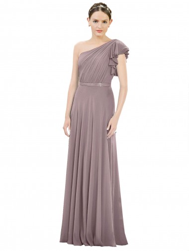 Discount Full Length One Shoulder Chiffon Bridesmaid Dress with Shoulder Ruffle