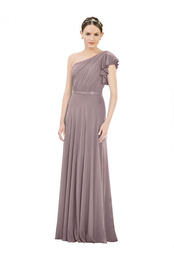 Discount Full Length One Shoulder Chiffon Bridesmaid Dress with Shoulder Ruffle