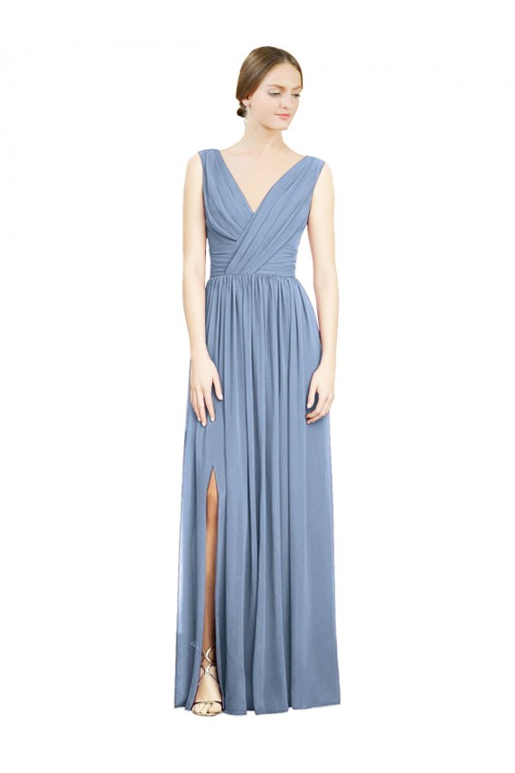 Discount Sleeveless Draped Chiffon Maxi Bridesmaid Dress with Front Slit
