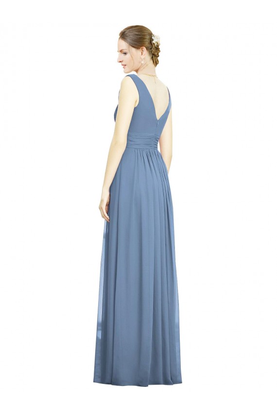 Discount Sleeveless Draped Chiffon Maxi Bridesmaid Dress with Front Slit