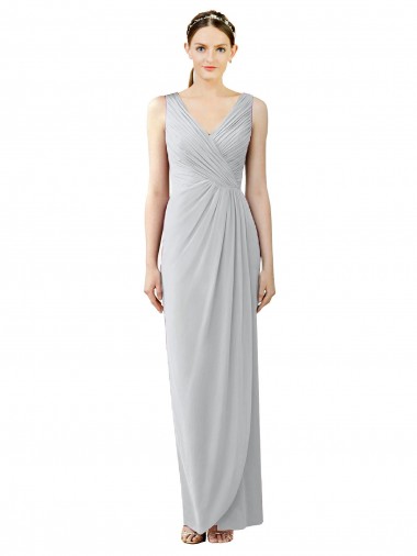 Discount Draped Sleeveless Long Chiffon V-Neck Bridesmaid Dress