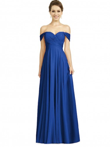 Discount Off the Shoulder Draped Chiffon Maxi Bridesmaid Dress