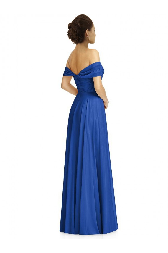 Discount Off the Shoulder Draped Chiffon Maxi Bridesmaid Dress