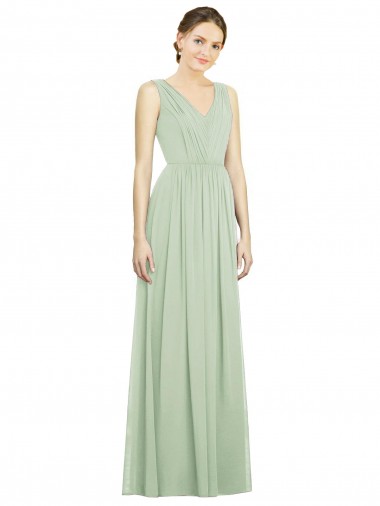 Discount Natural Waist V-Neck Draped Chiffon Bridesmaid Dress