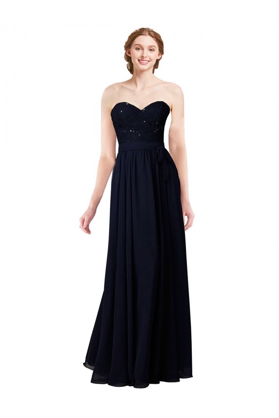 Discount Strapless Chiffon Bridesmaids Dress with a Beaded Lace Sweetheart Bodice
