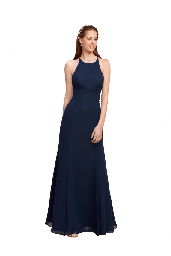 Discount High Halter Fit and Flare Long Chiffon Bridesmaid Dress / Prom Dress with Criss Cross Low Back