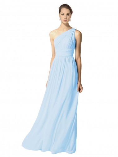 Discount One Shoulder Long Chiffon Bridesmaid Dress with Shirred Bodice and Front Keyhole