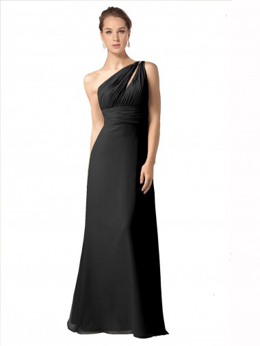Discount One Shoulder Full Length Chiffon Bridesmaid Dress with Shirred Bodice