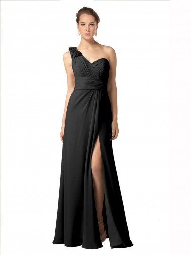 Discount Sheer One Shoulder Chiffon A-Line Bridesmaid Dress with Slit