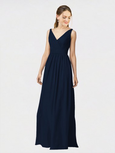 Discount Long Chiffon Bridesmaid Dress with Shirred Bodice and V-Neckline