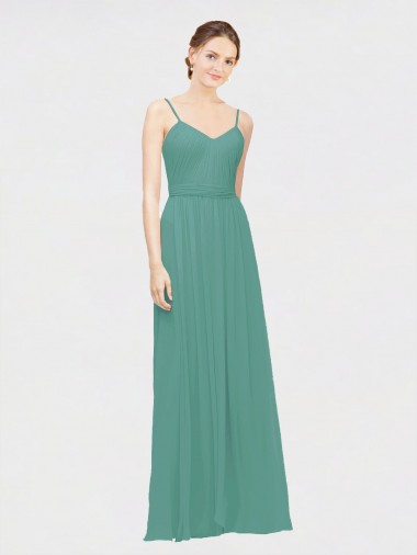 Discount Rouched V-Neckline and Spaghetti Straps Long Chiffon Bridesmaid Dress