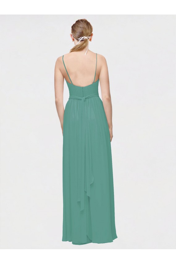 Discount Rouched V-Neckline and Spaghetti Straps Long Chiffon Bridesmaid Dress