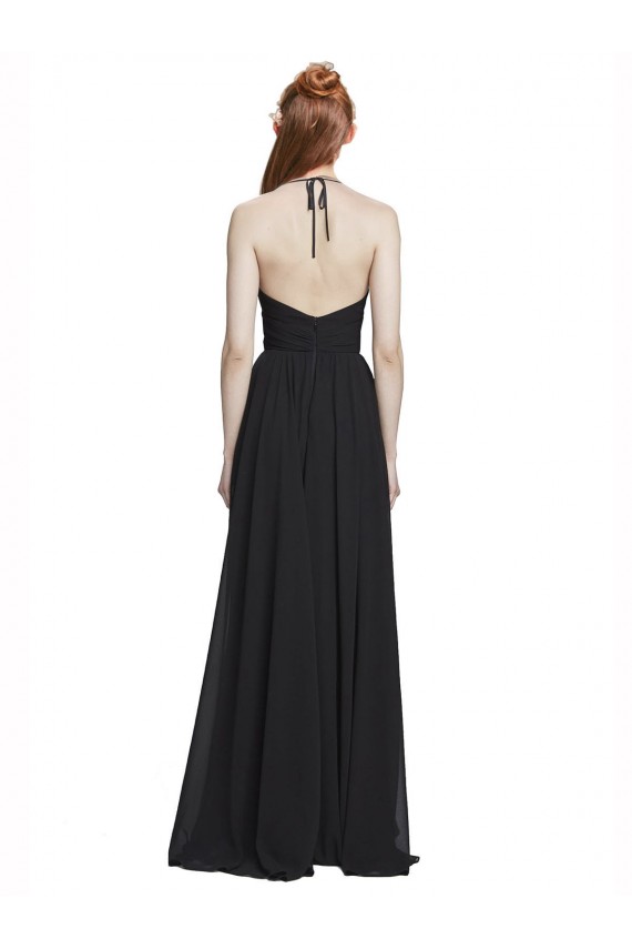 Discount Halter Chiffon Bridesmaid Dress with V-Neckline and Criss Cross Waist