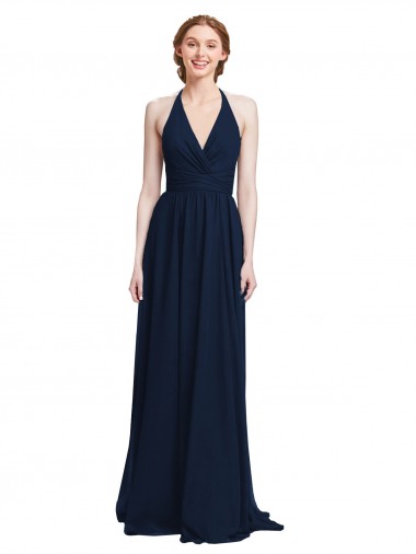 Discount Halter Chiffon Bridesmaid Dress with V-Neckline and Criss Cross Waist