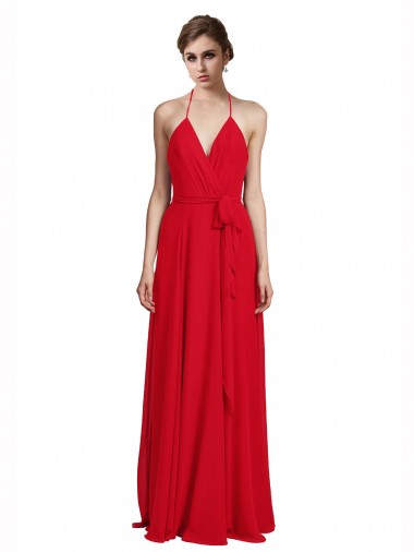Discount V-Neck Spaghetti Halter Strap Chiffon Bridesmaid Dress