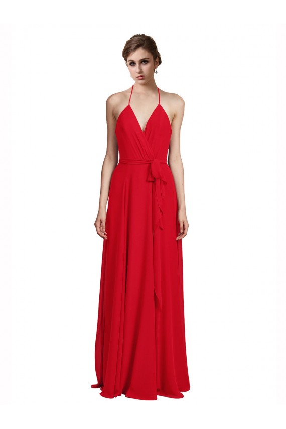 Discount V-Neck Spaghetti Halter Strap Chiffon Bridesmaid Dress