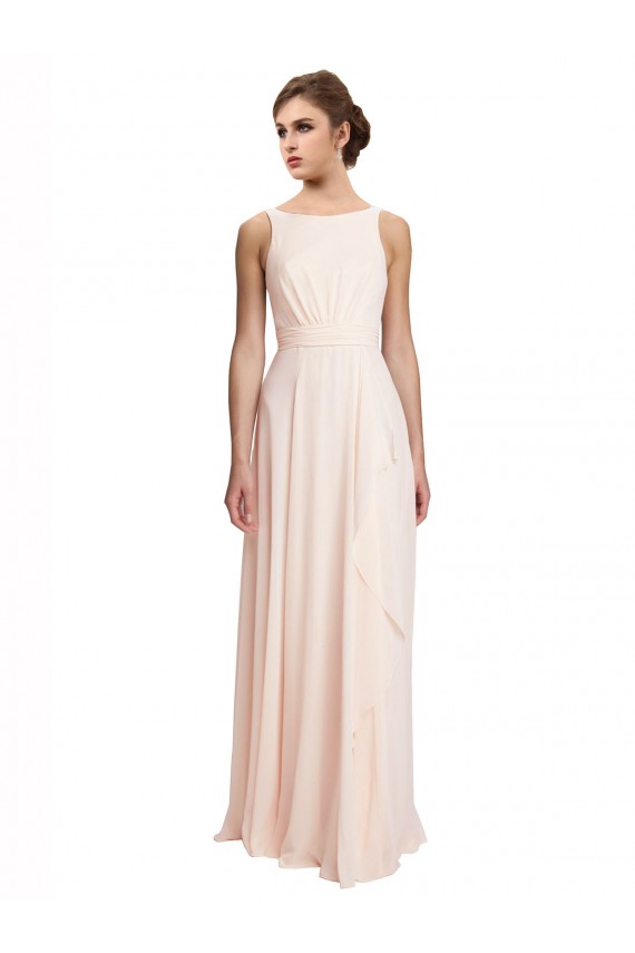 Discount High Neck Chiffon Bridesmaid Dress with Deep V-Back and Cascading Skirt