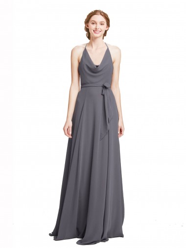 Discount Spaghetti Strap Long Chiffon Bridesmaids Dress with Halter Cowl Neck