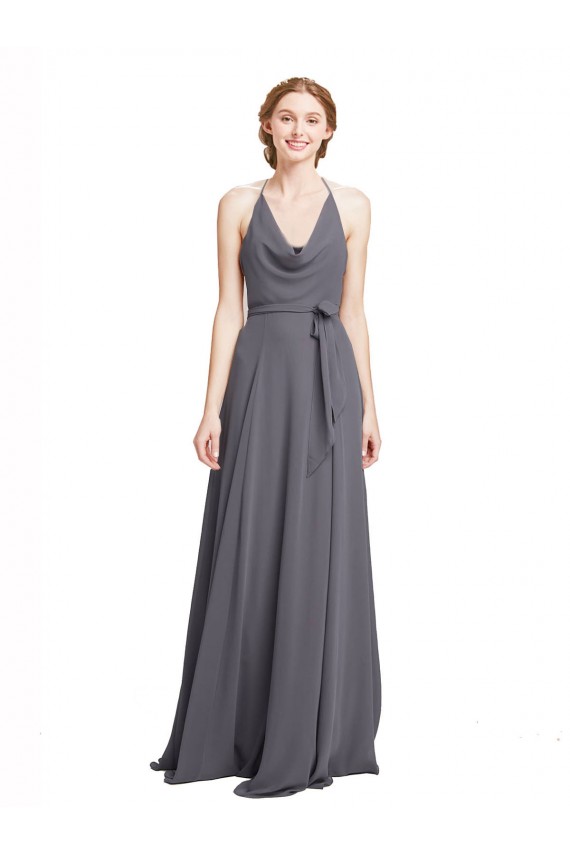 Discount Spaghetti Strap Long Chiffon Bridesmaids Dress with Halter Cowl Neck