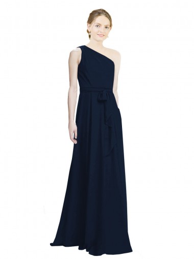 Discount Long Chiffon Bridesmaid Dress with One Shoulder Neckline And Belt