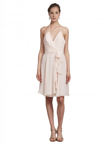 Discount Short Knee Length Wrap Chiffon Halter Bridesmaids Dress